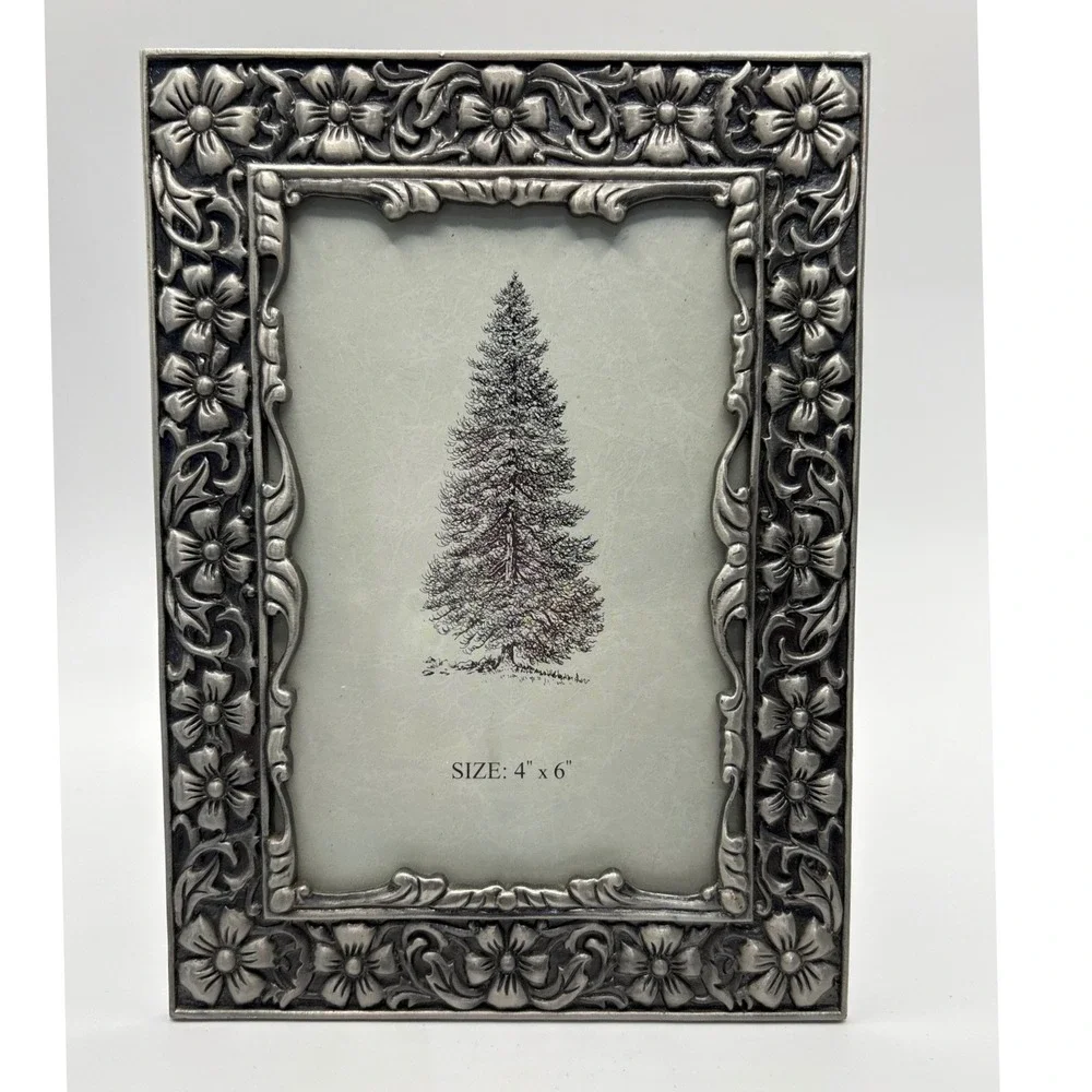 Floral Pewter Picture Frame 4x6 Ornate Victorian Scrollwork Silver Tone Vintage